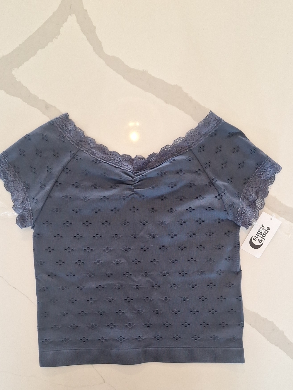 Sugar & Jade Textured Eyelet Off Shoulder Top - blue